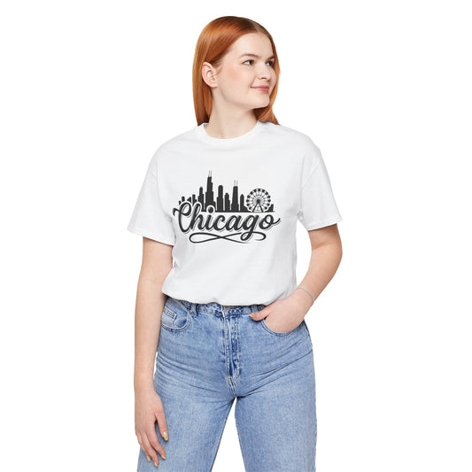 Chicago Skyline Script T-Shirt — Retro Cityscape Tee